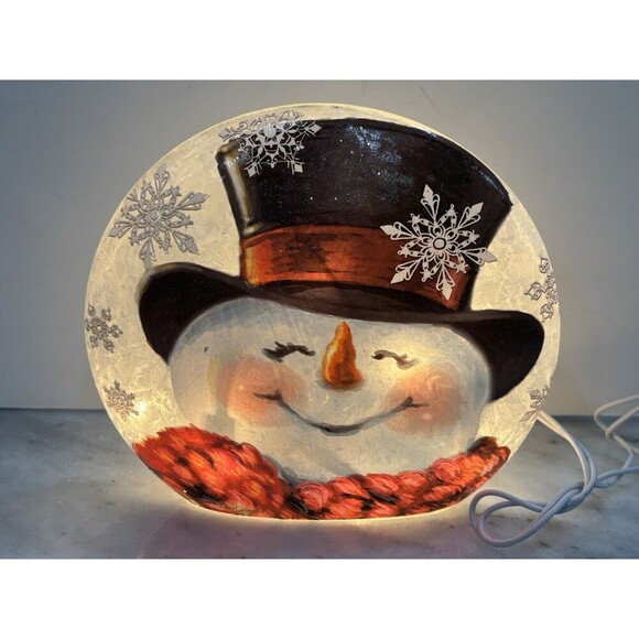Stony Creek Decorative Lighted Glass Snowman Top Hat Scarf 6" Saucer Painted - Picture 1 of 7